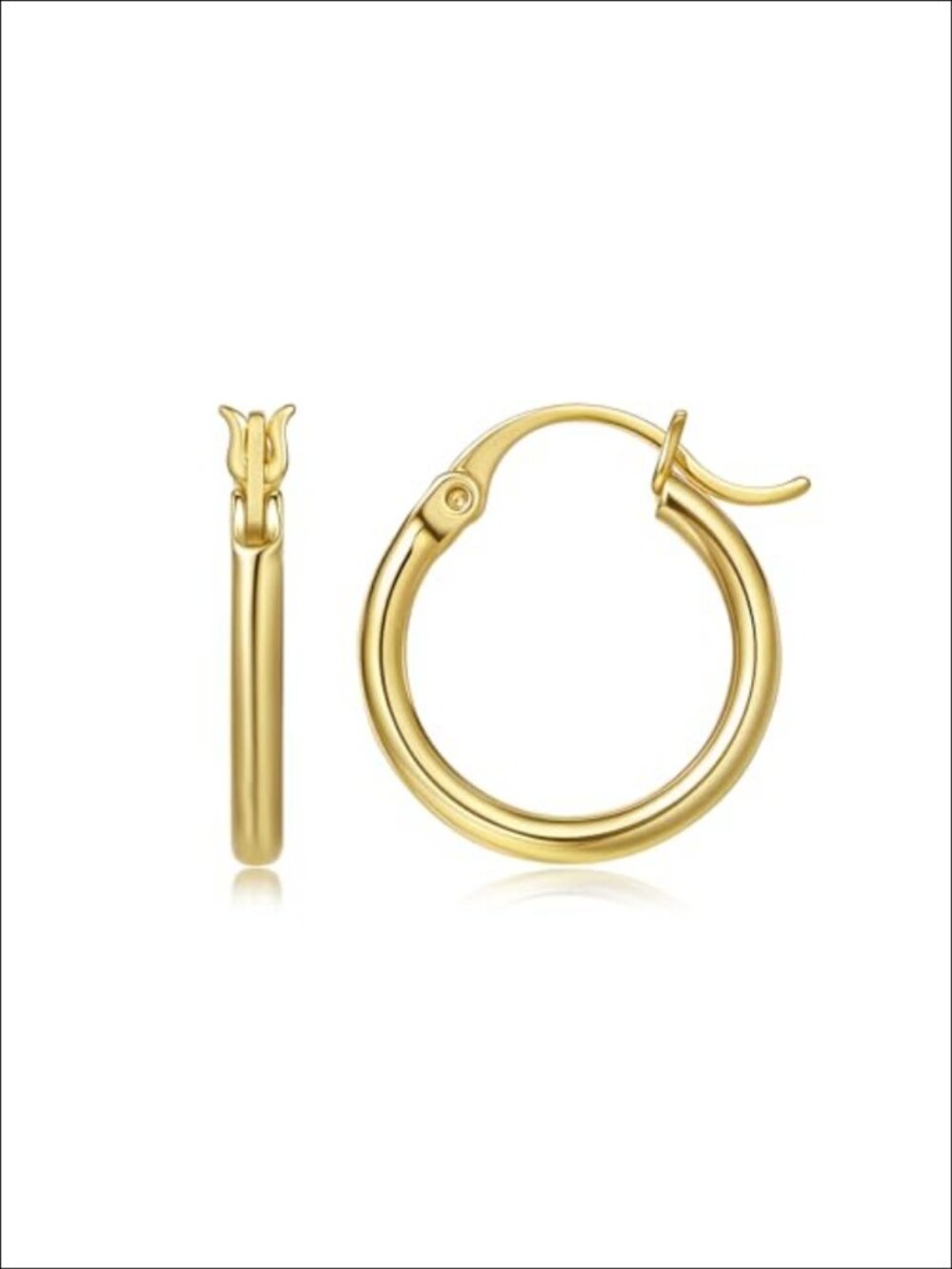 14K Yellow Gold Hoop Earrings Push Back 16mm Polished Round 2mm Thick